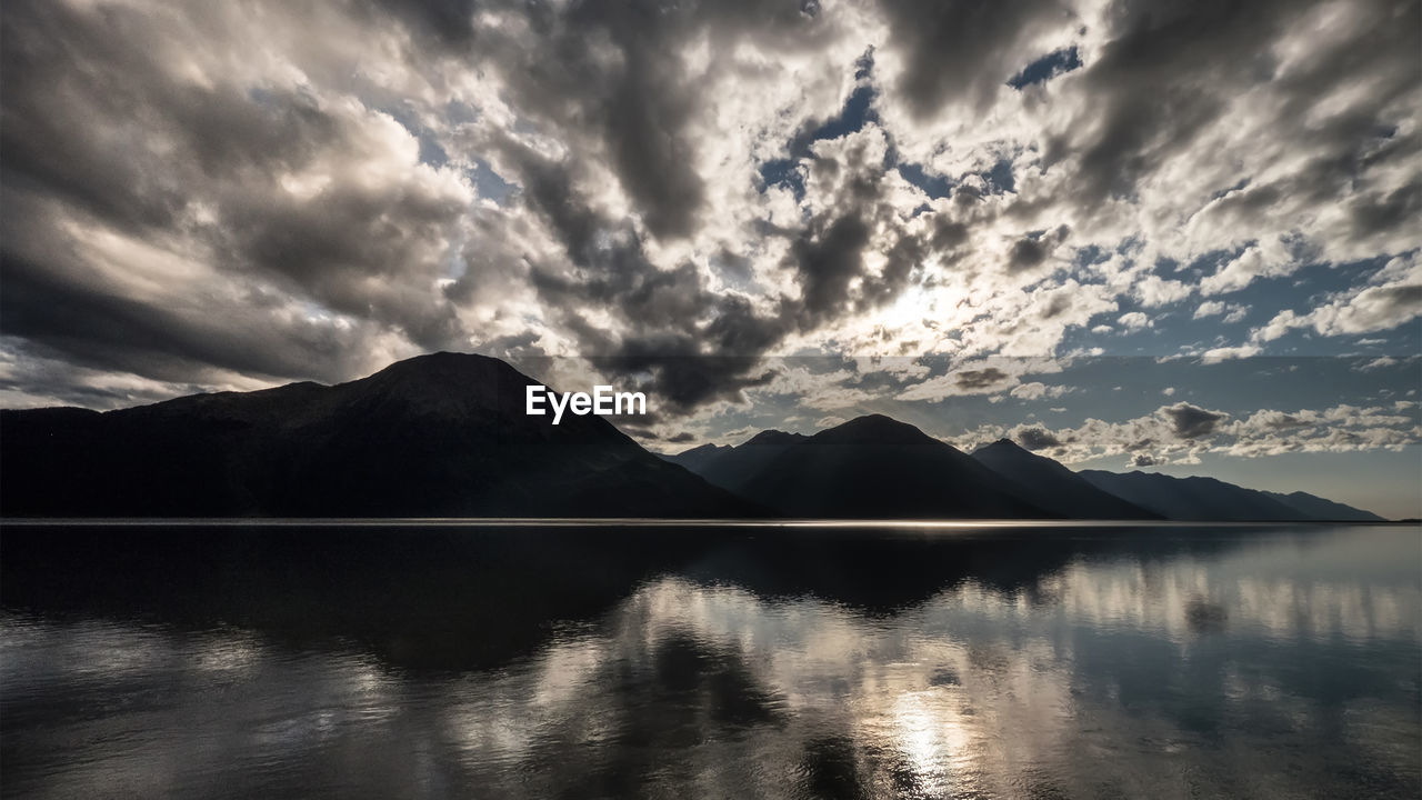 Scenic view of calm lake against cloudy sky