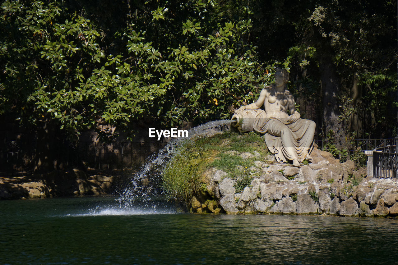 Statue by lake against trees