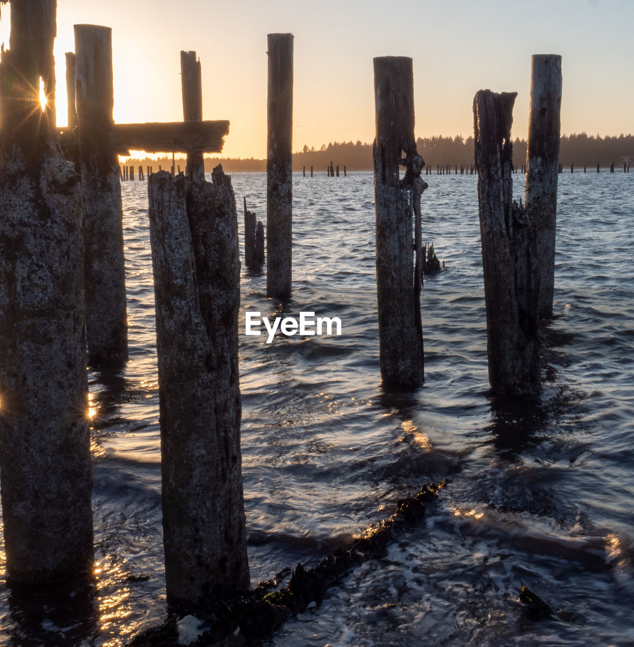 WOODEN POSTS IN SEA AGAINST SKY