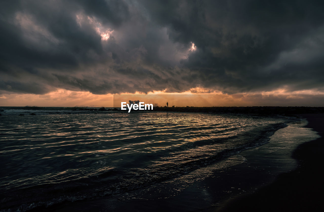 Scenic view of sea against dramatic sky