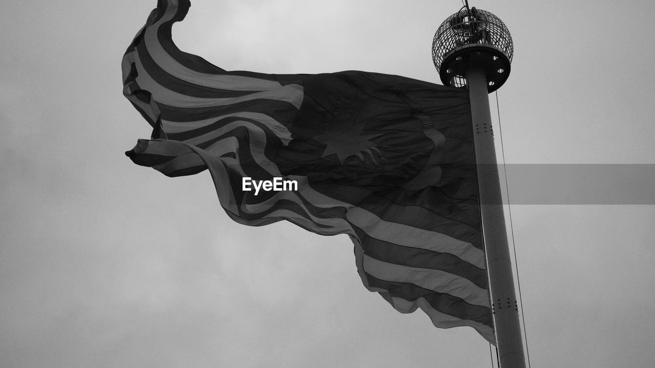 LOW ANGLE VIEW OF A FLAG AGAINST CLEAR SKY