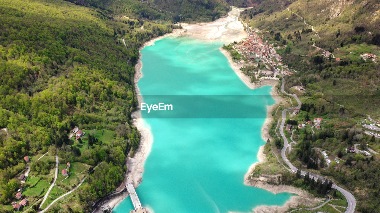 Barcis lake in a panoramic aerial view at valcellina-pordenone,place to visit on dolomites