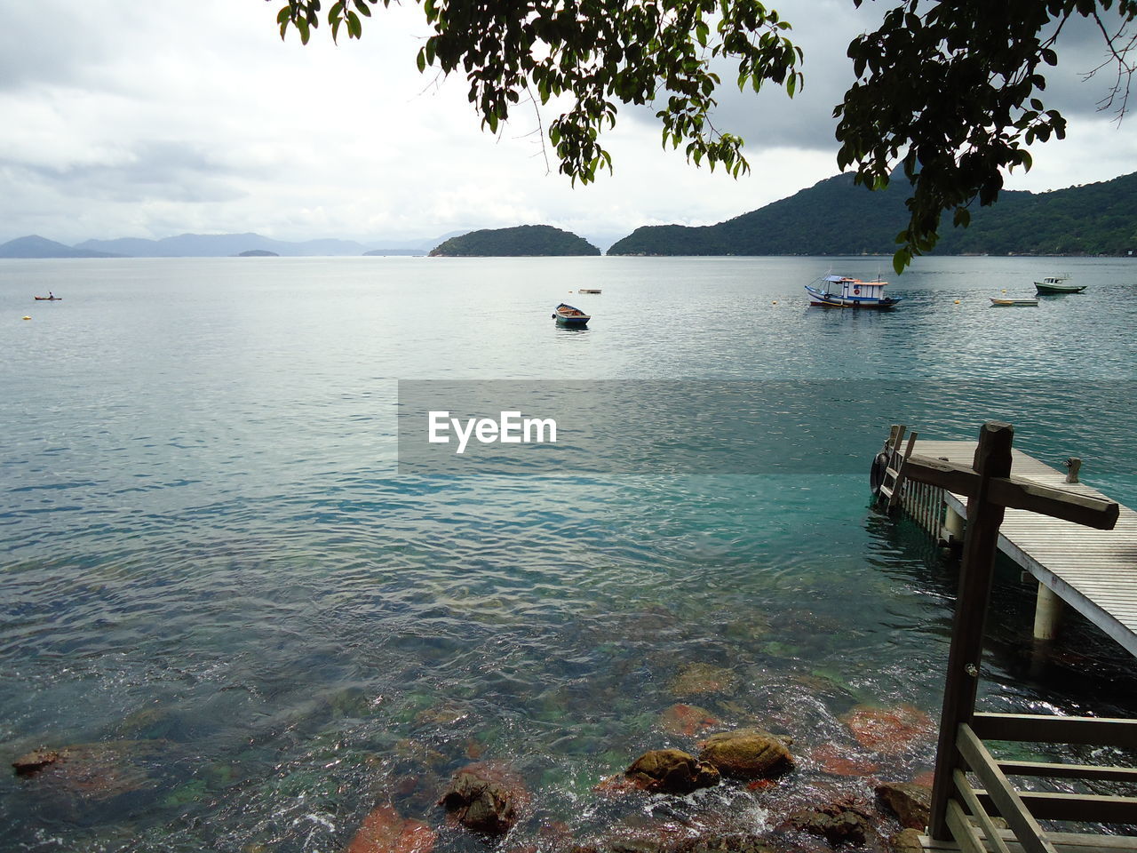 BOATS MOORED IN SEA