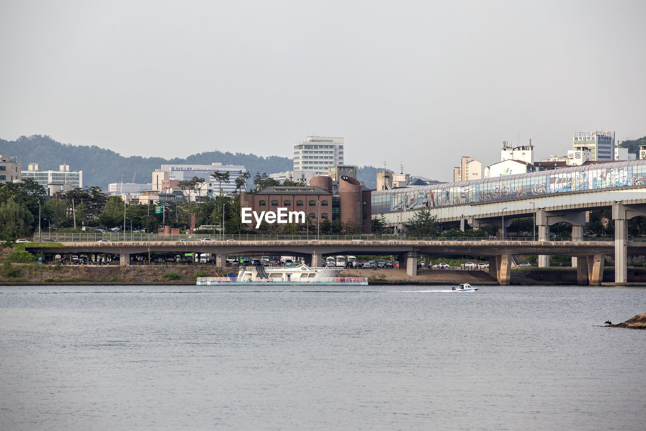 River with buildings against clear sky