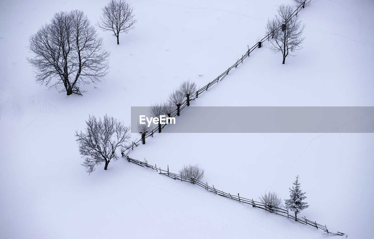 High angle view of bare trees on snow covered land