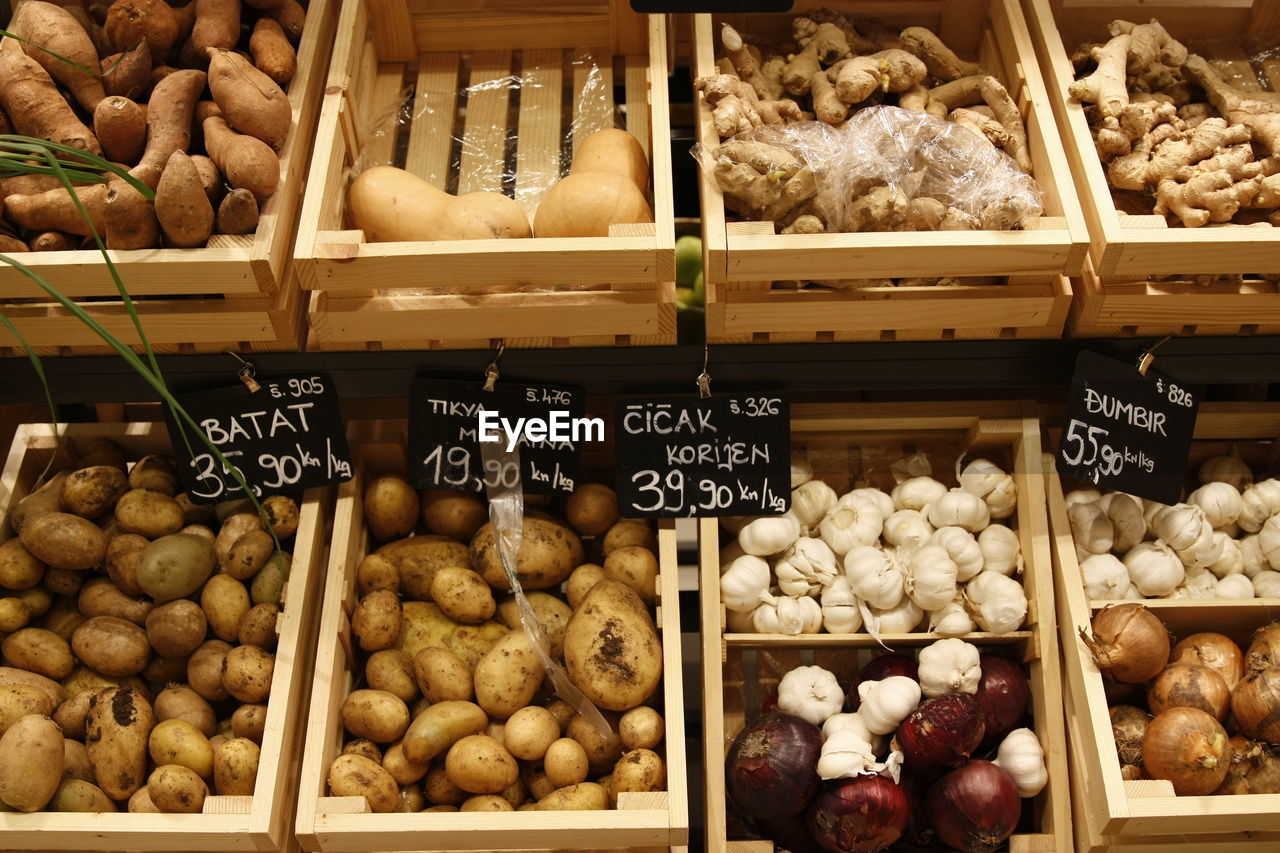 High angle view of vegetables in crates for sale at market stall