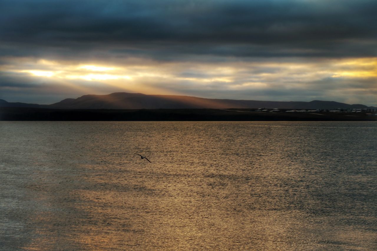 Scenic view of sea against cloudy sky during sunset