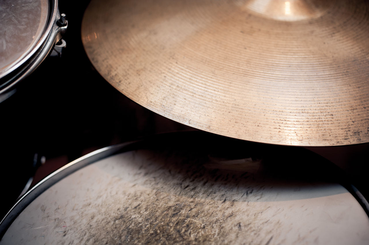 High angle view of drum with cymbal