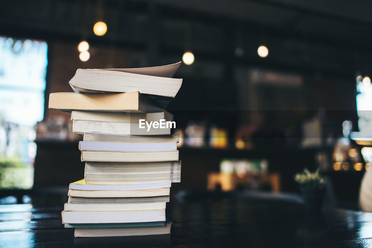 Stack of books on table