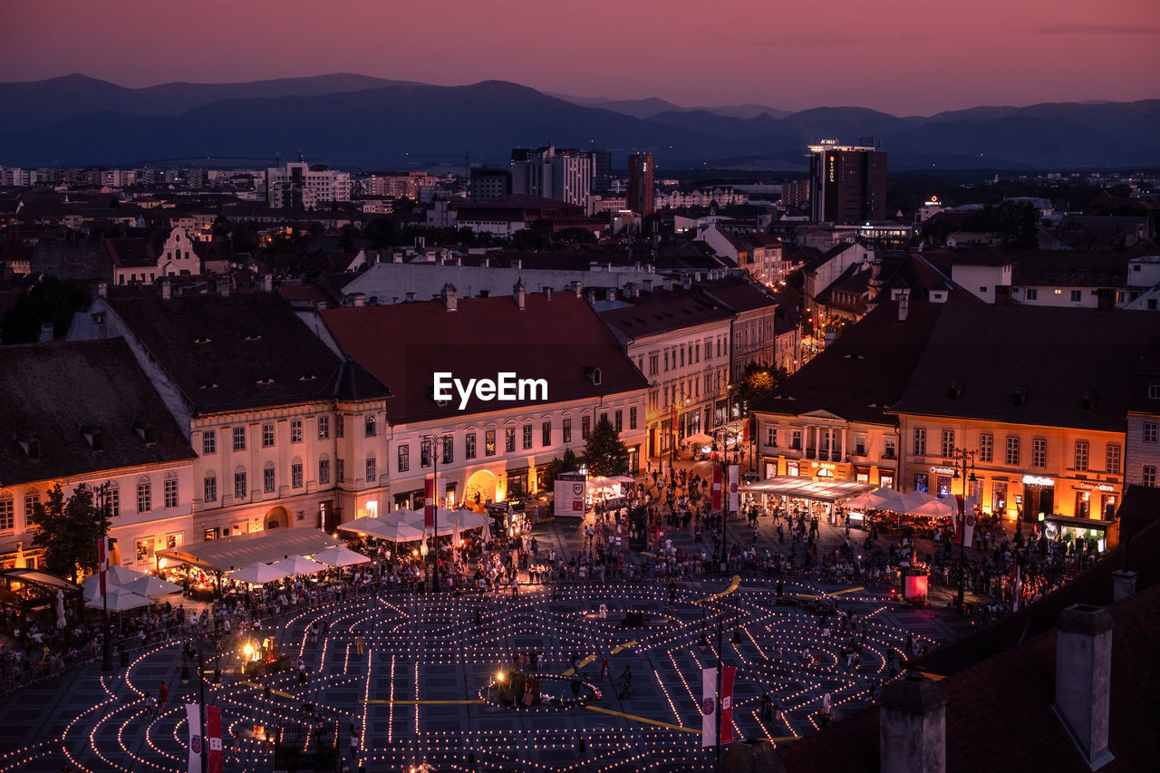 3500 candles forming a labyrinth  during the international theatre festival from sibiu, romania.