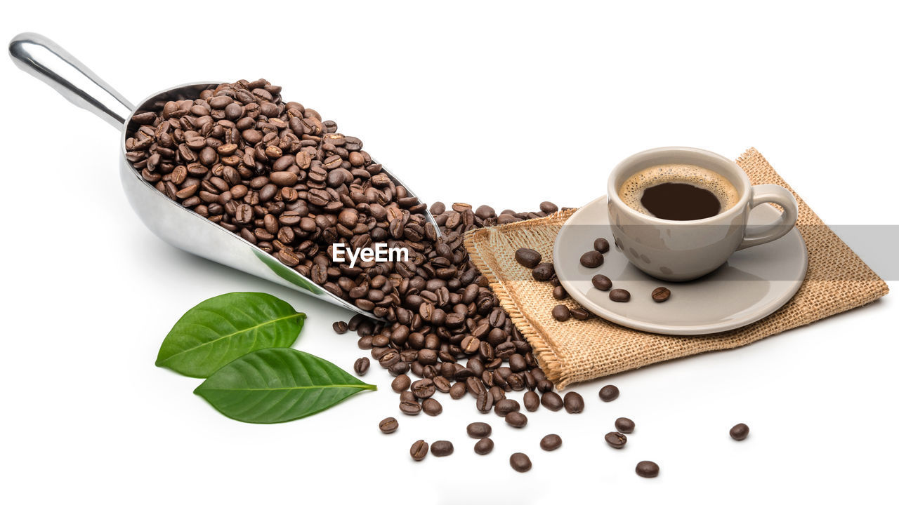 HIGH ANGLE VIEW OF COFFEE BEANS ON WHITE