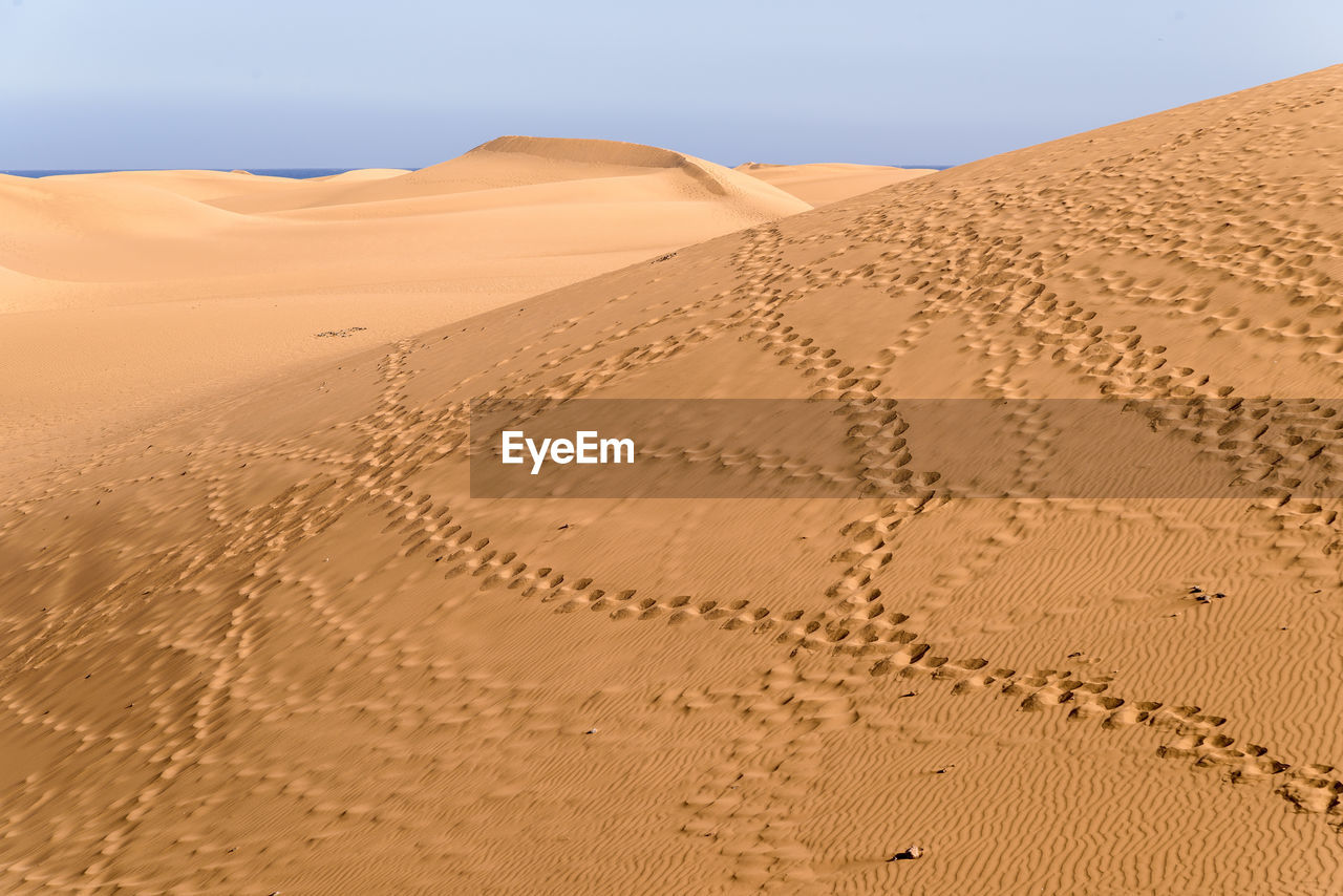 Sand dunes in desert against clear sky