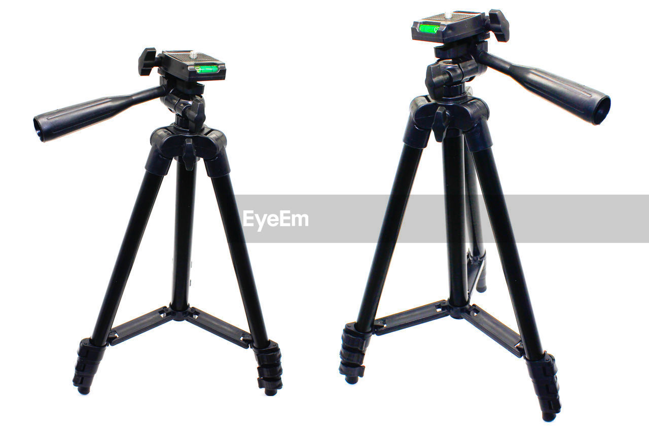 tripod, camera, cut out, white background, technology, studio shot, no people, black