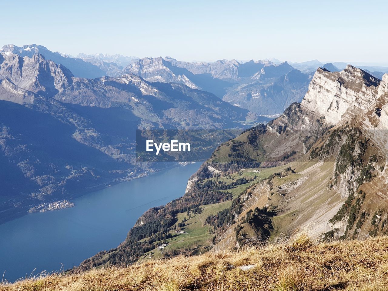 Scenic view of mountains against sky and lake