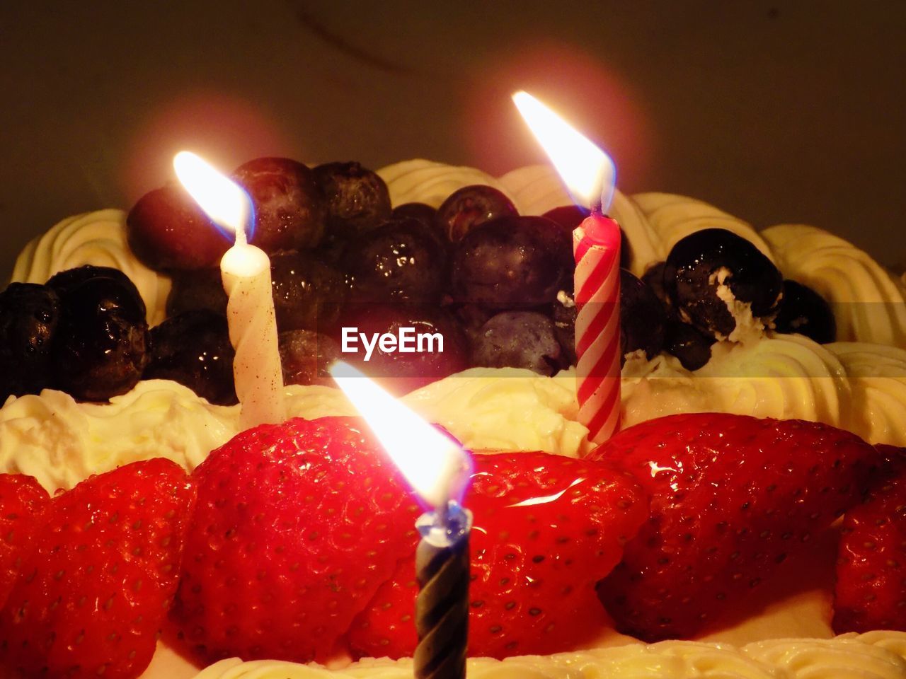 CLOSE-UP OF BIRTHDAY CAKE WITH CANDLES