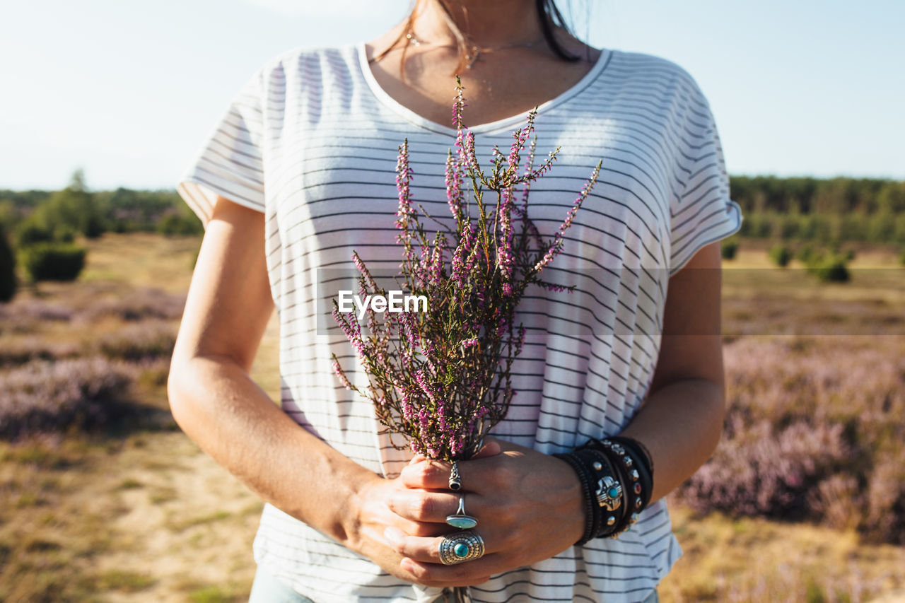 Midsection of woman holding purple flowering plant on field