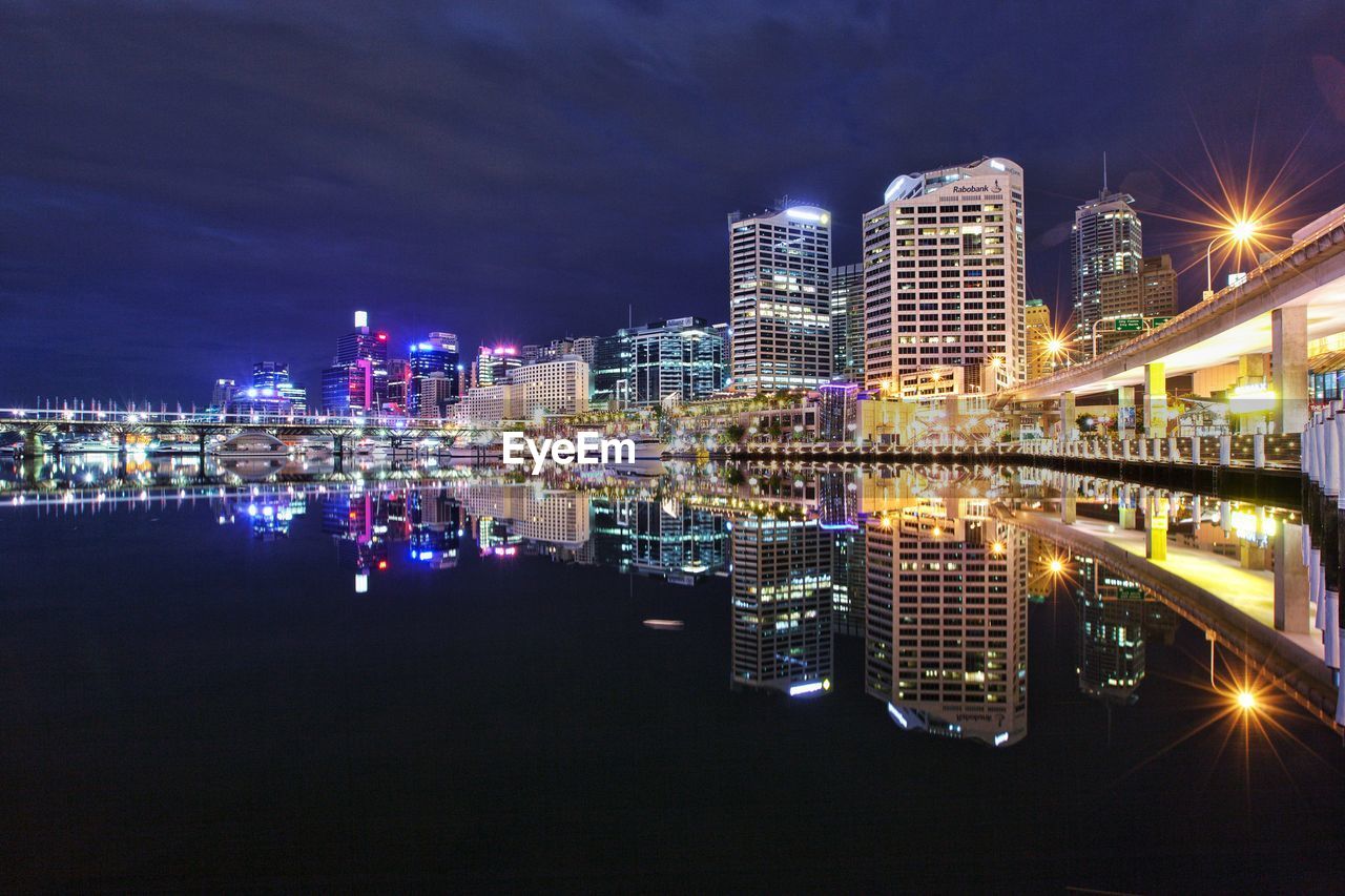 ILLUMINATED MODERN BUILDINGS IN CITY AT NIGHT