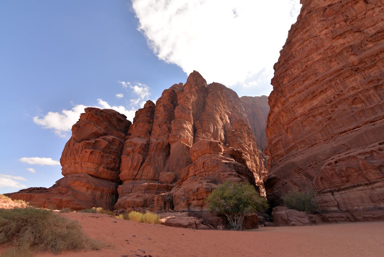 Low angle view of rock formations at wadi rum