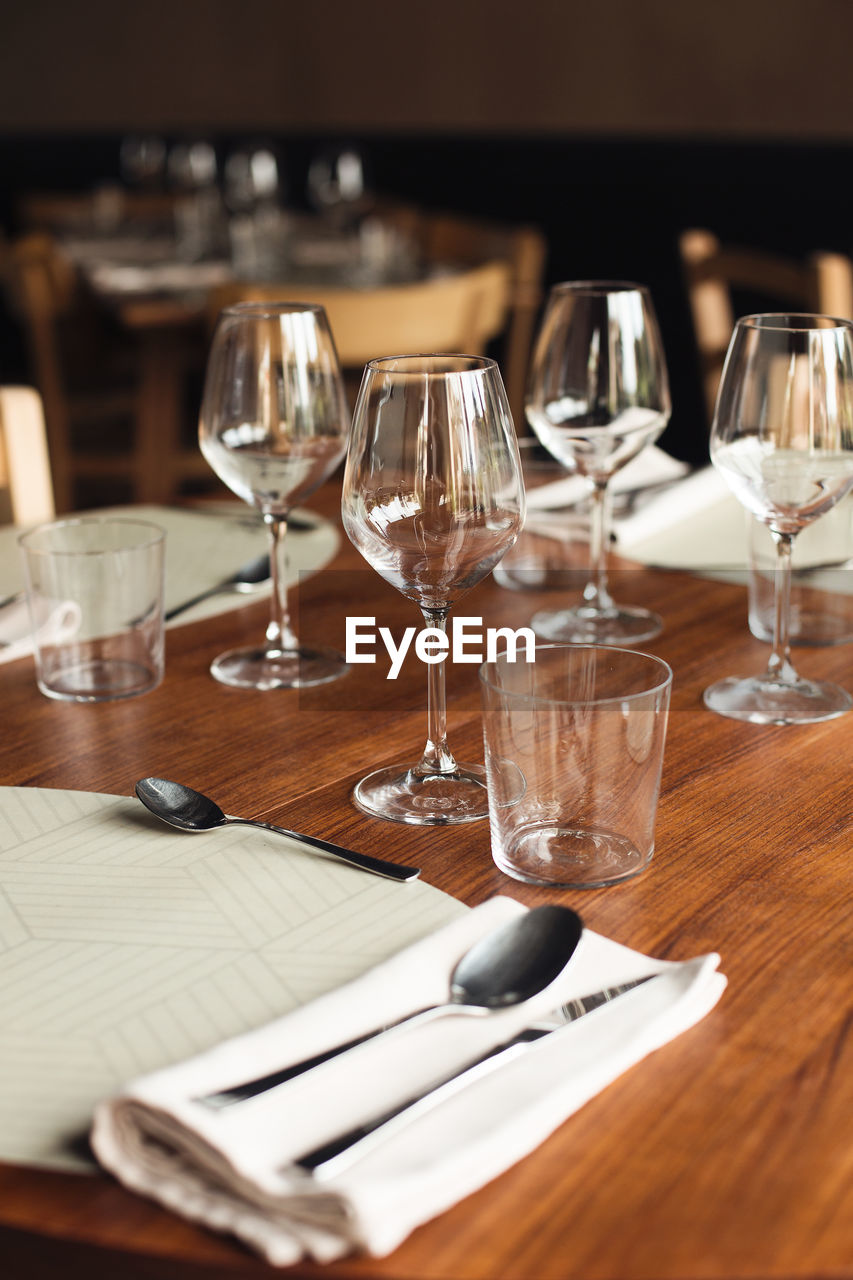 Wine glasses on table in restaurant