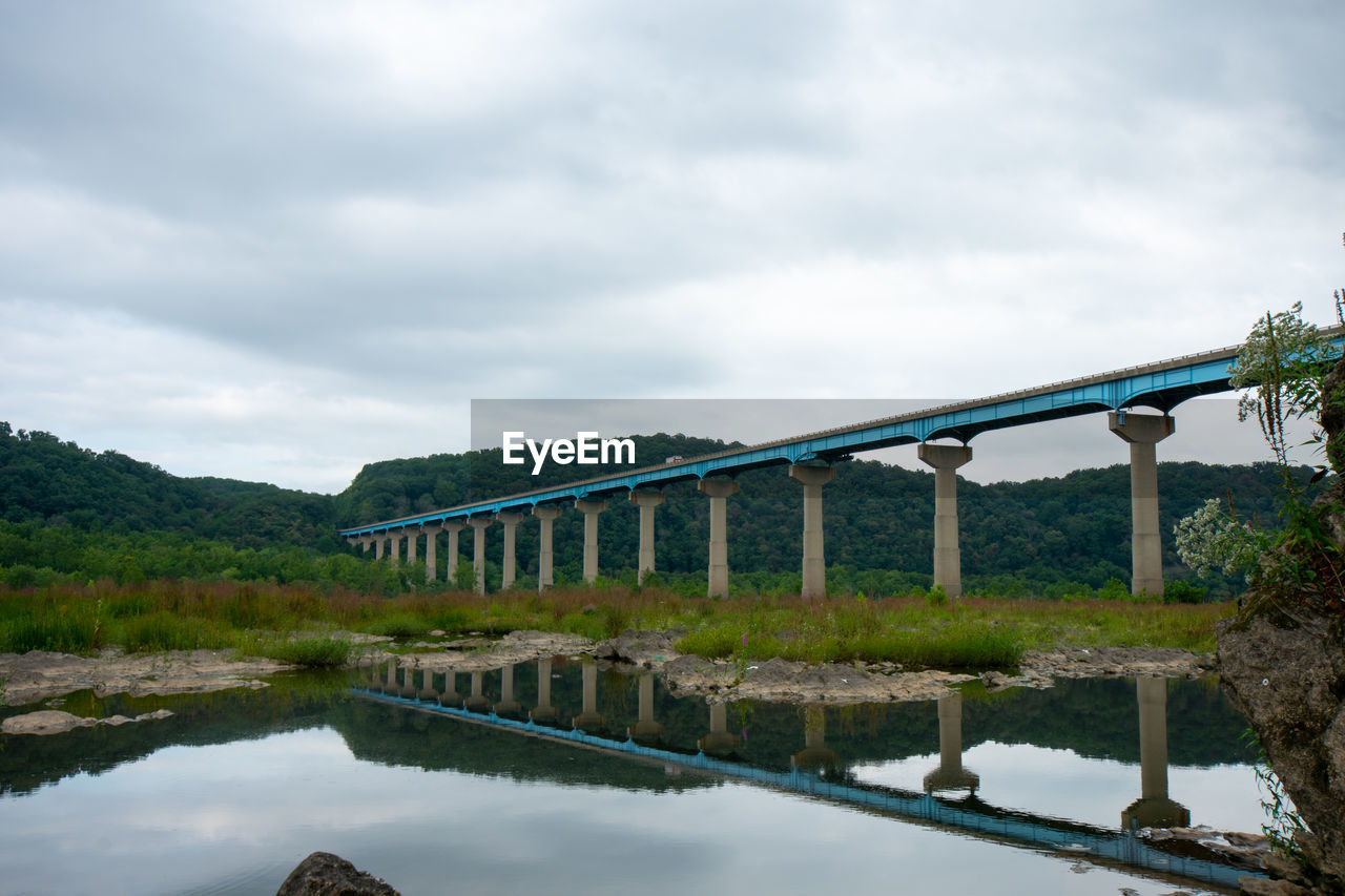 The norman wood bridge over the susquehanna river reflecting itself in a small body of water