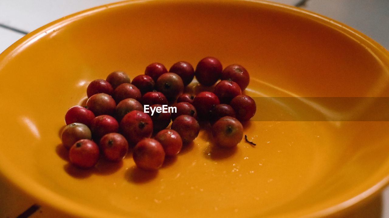 High angle view of raspberries in bowl on table