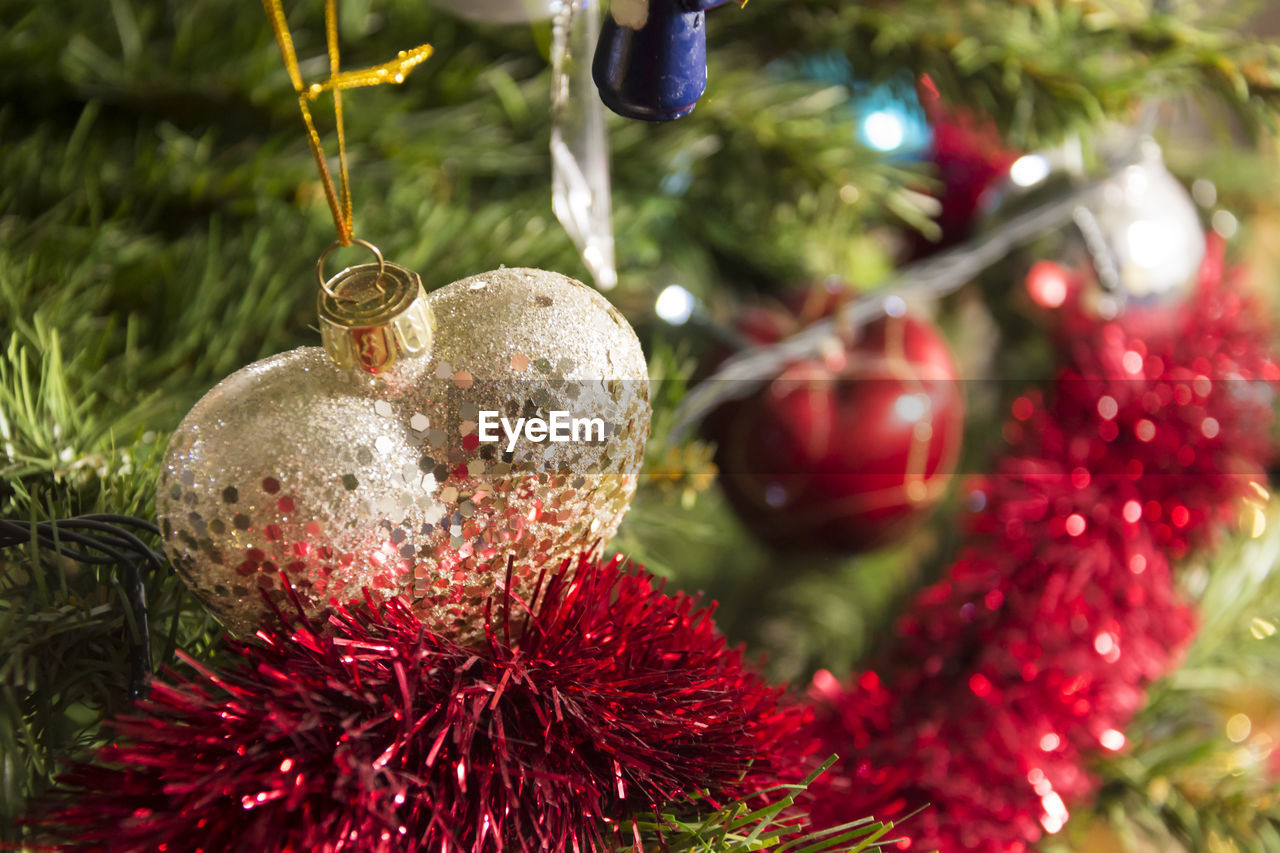 Close-up of christmas decorations hanging on tree