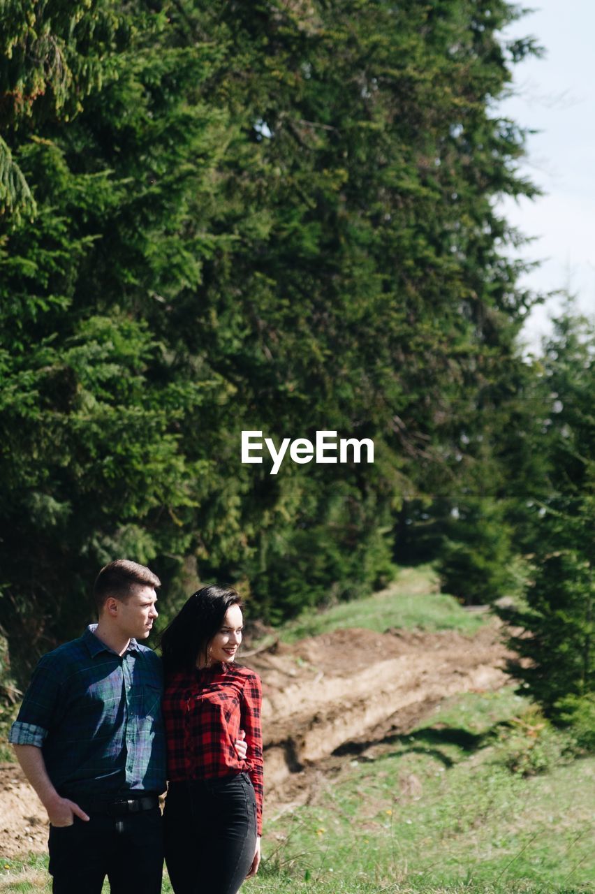 Young couple looking away while standing in forest during sunny day