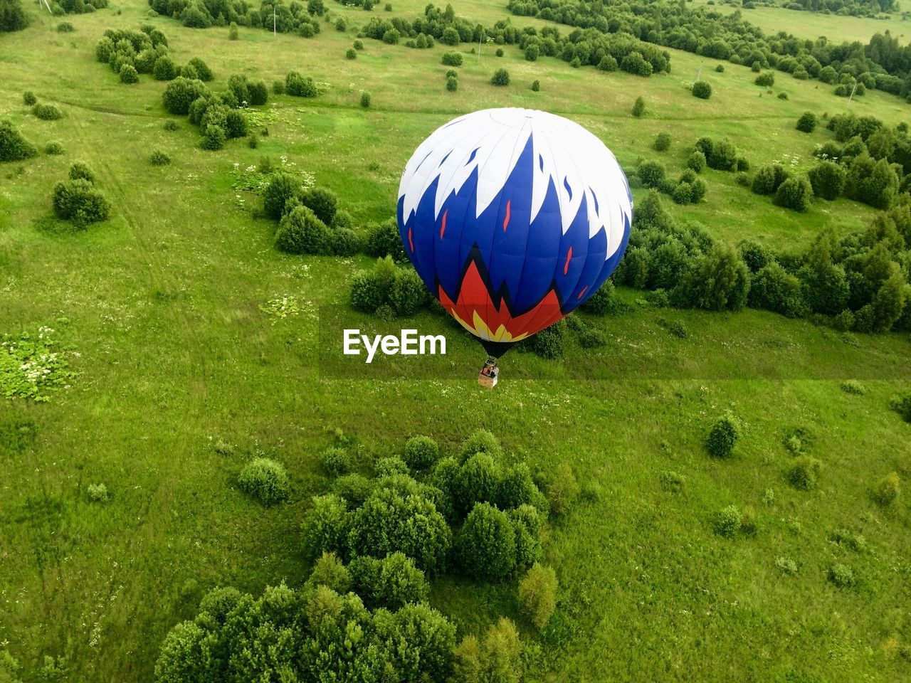 MULTI COLORED HOT AIR BALLOON ON LANDSCAPE