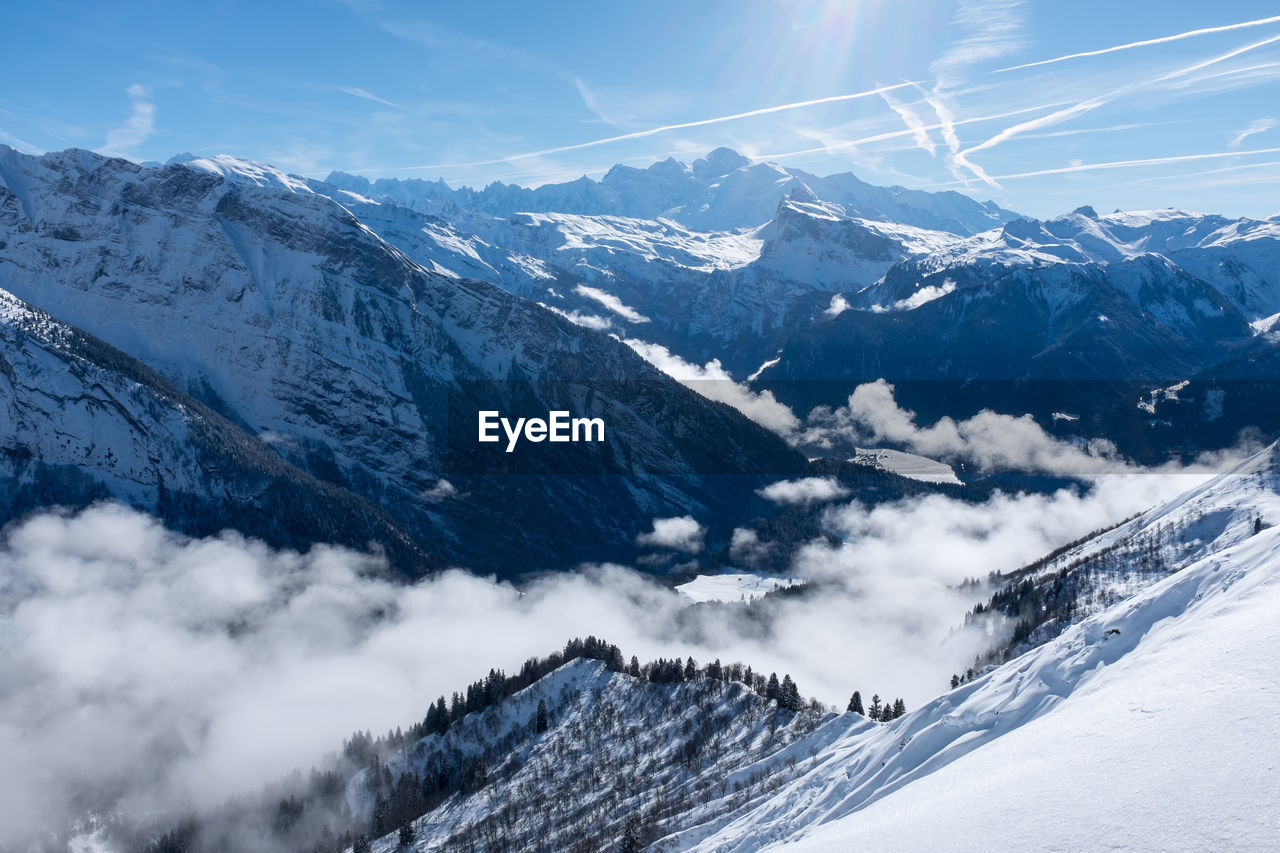 Scenic view of snow covered mountains