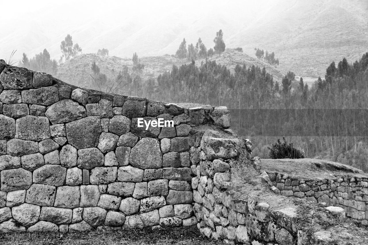 Stone wall against trees on landscape