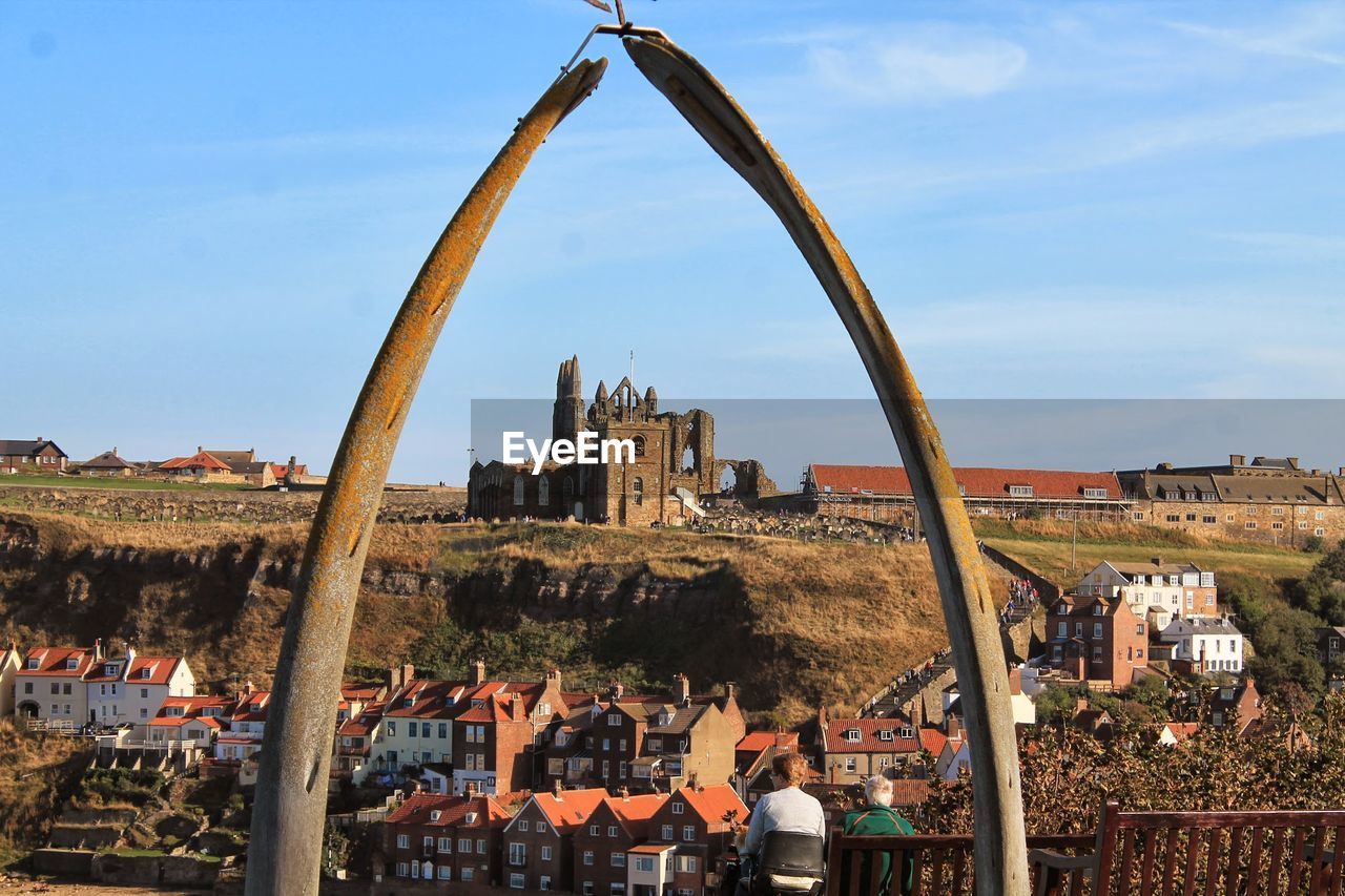 Whitby abbey seen through metallic poles