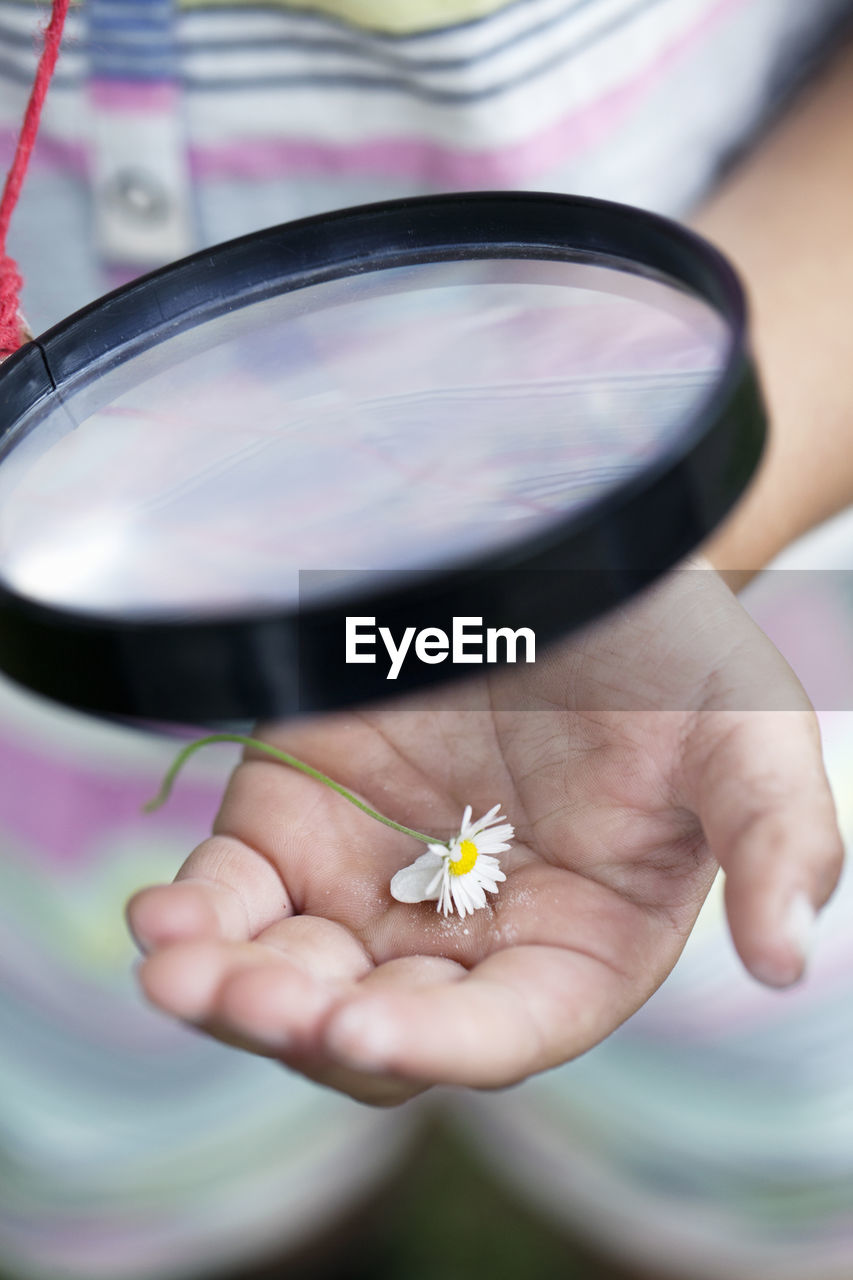 Girl looking at flower trough magnifying glass