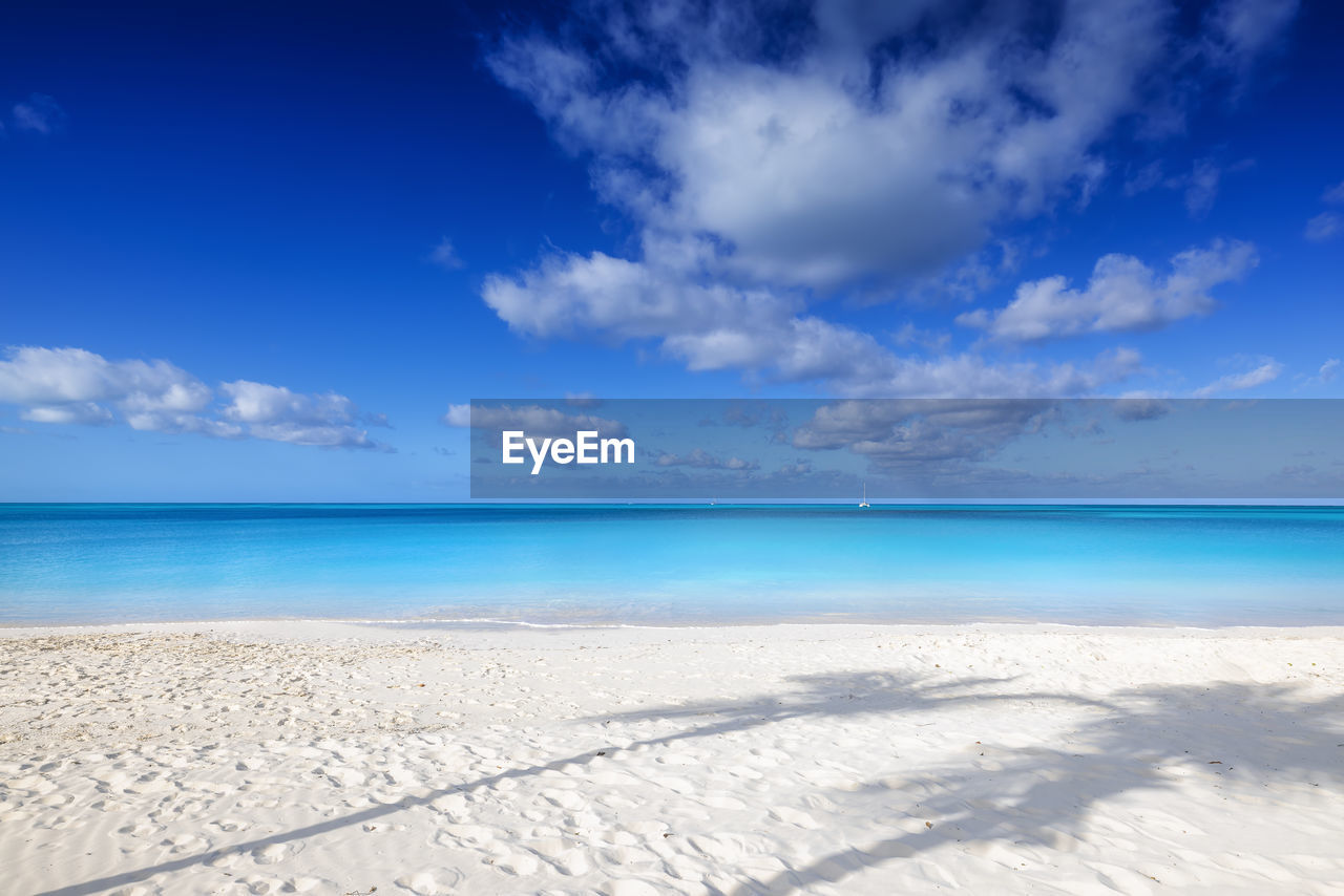 scenic view of beach against blue sky