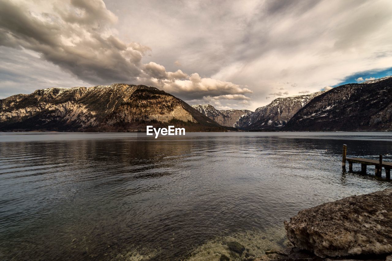 Scenic view of lake and mountains against sky