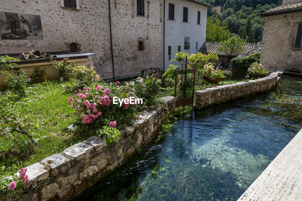 architecture, built structure, water, building exterior, flower, plant, flowering plant, nature, building, garden, waterway, house, estate, backyard, no people, day, courtyard, beauty in nature, residential district, outdoors, moat, sunlight, travel destinations, canal, growth, wall, walkway