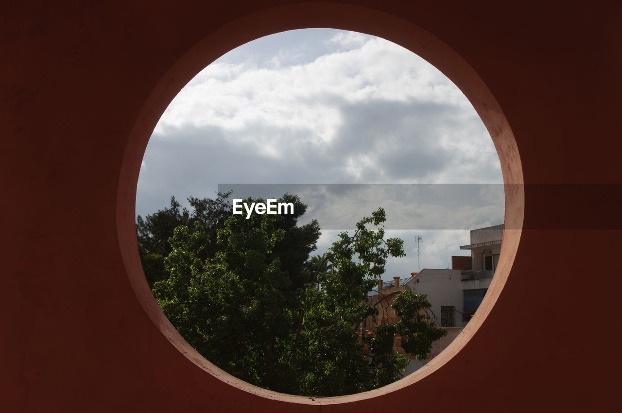 Trees against cloudy sky seen through hole