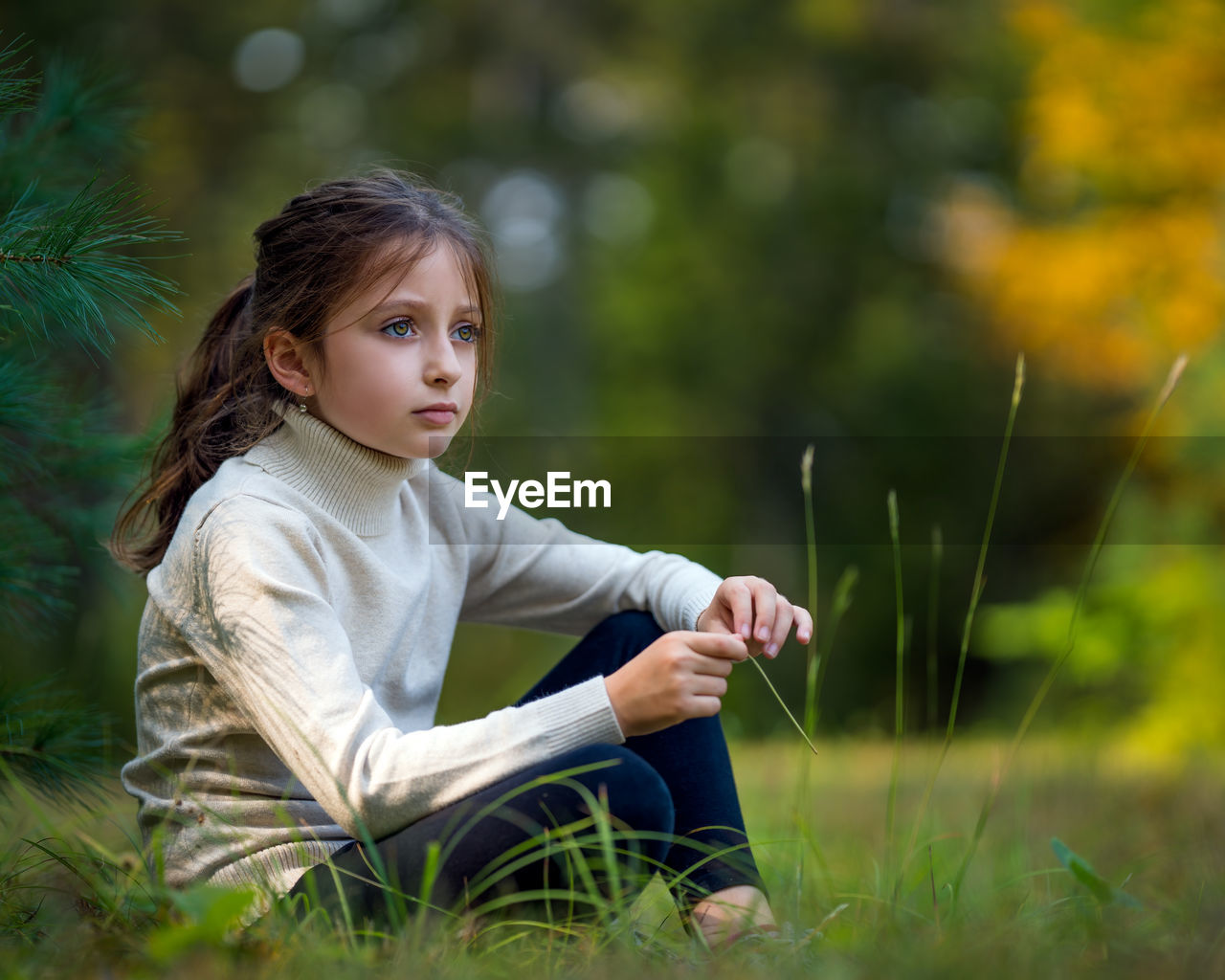 Cute girl looking away while sitting on grass at park