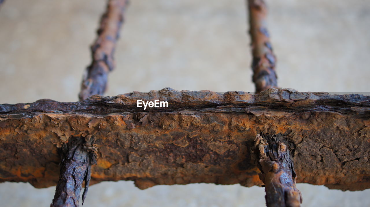 Low angle view of rusty metallic gate against wall