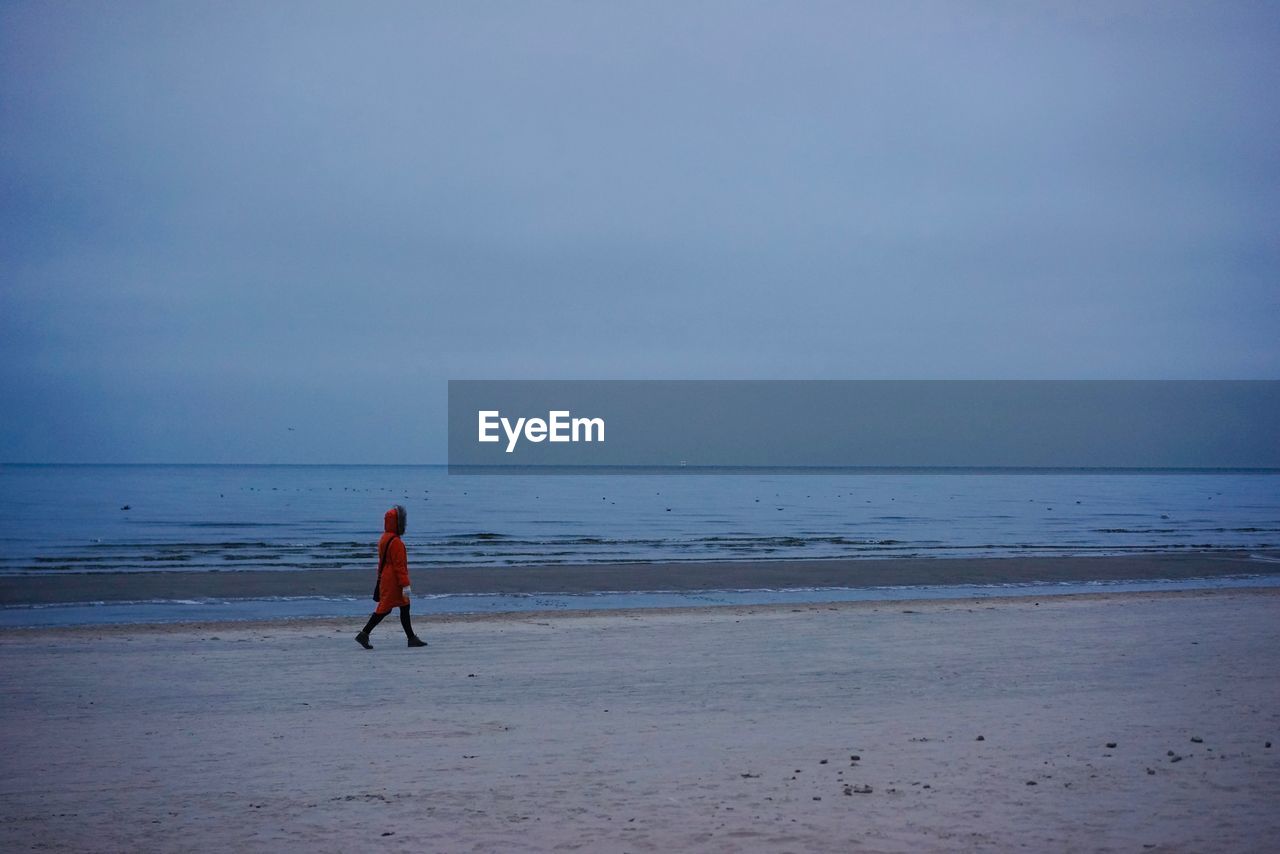 Rear view of person on beach against sky