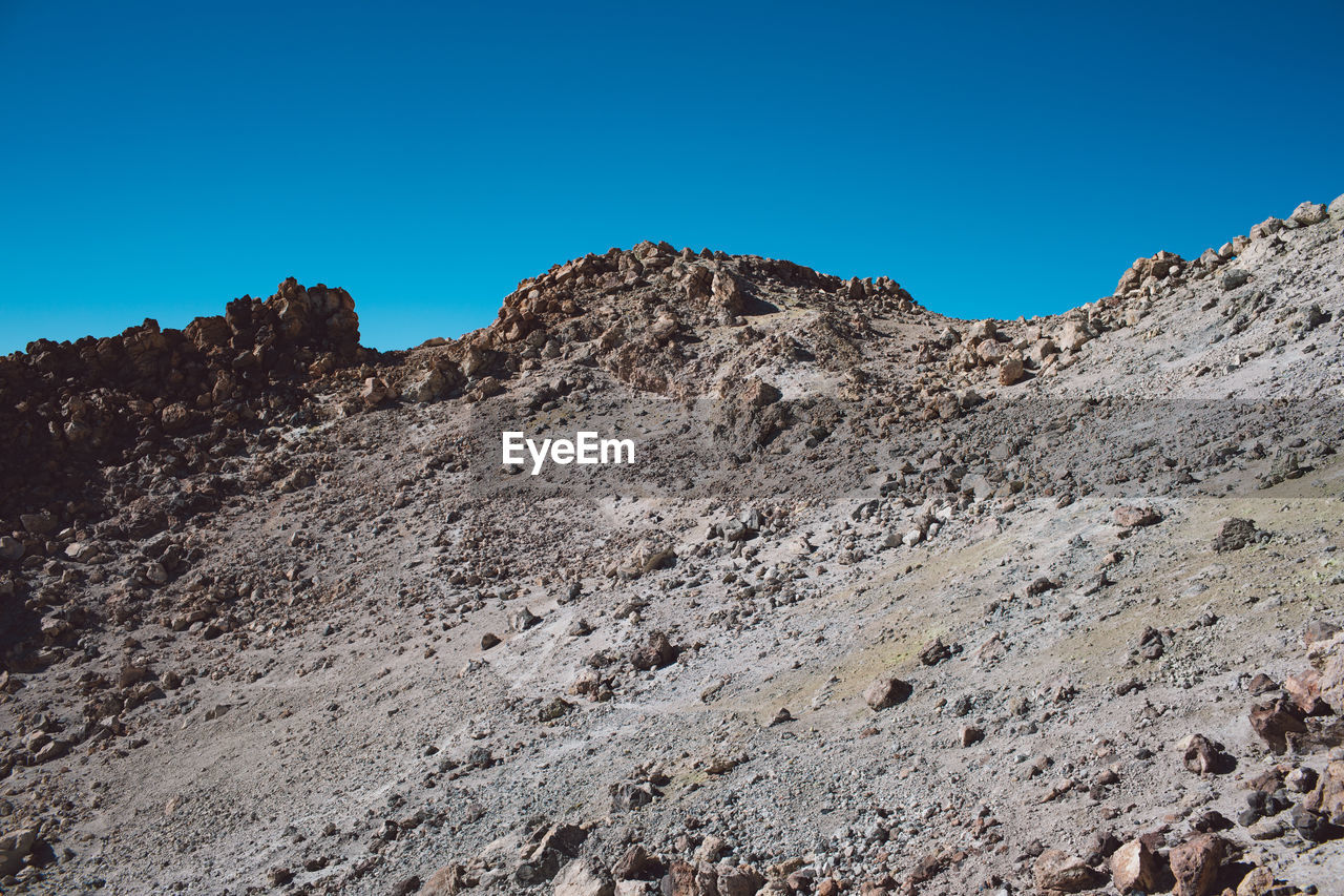 Low angle view of rock formations against clear blue sky