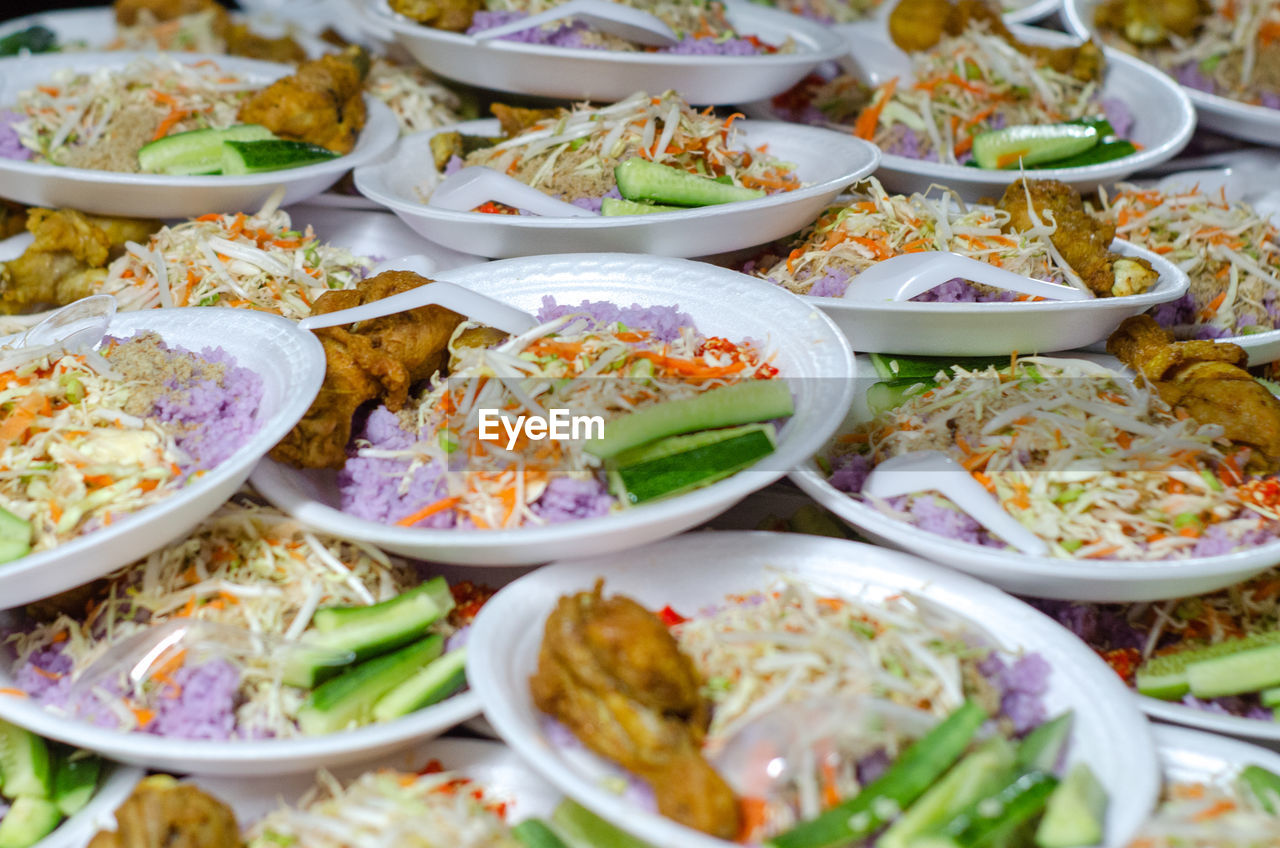 HIGH ANGLE VIEW OF VARIOUS FOOD ON TABLE