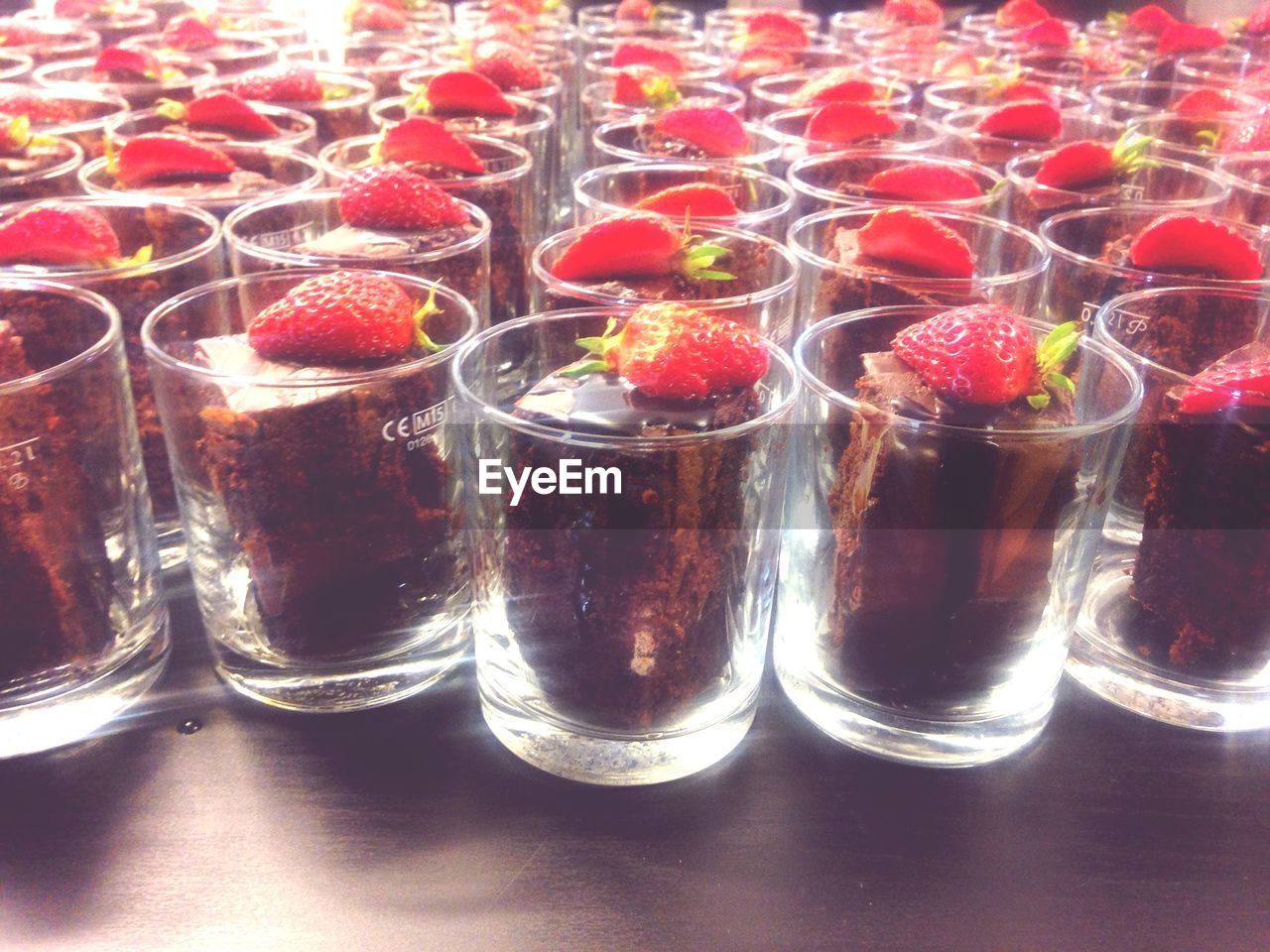 Chocolate and strawberry desserts in glasses