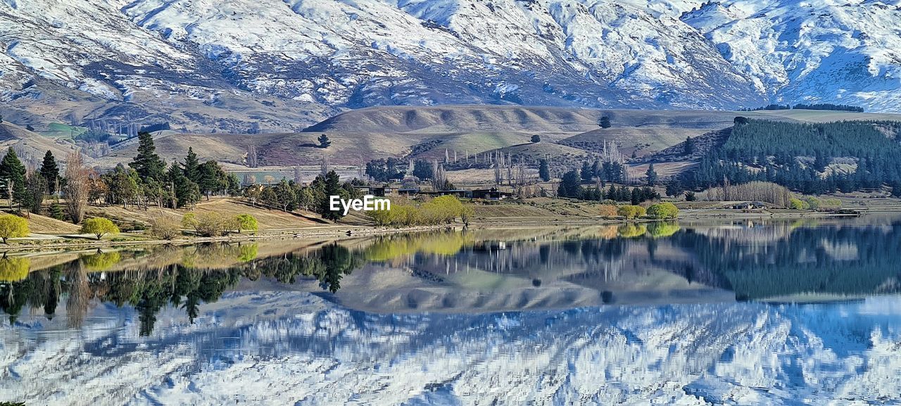 Scenic view of lake and snowcapped mountains