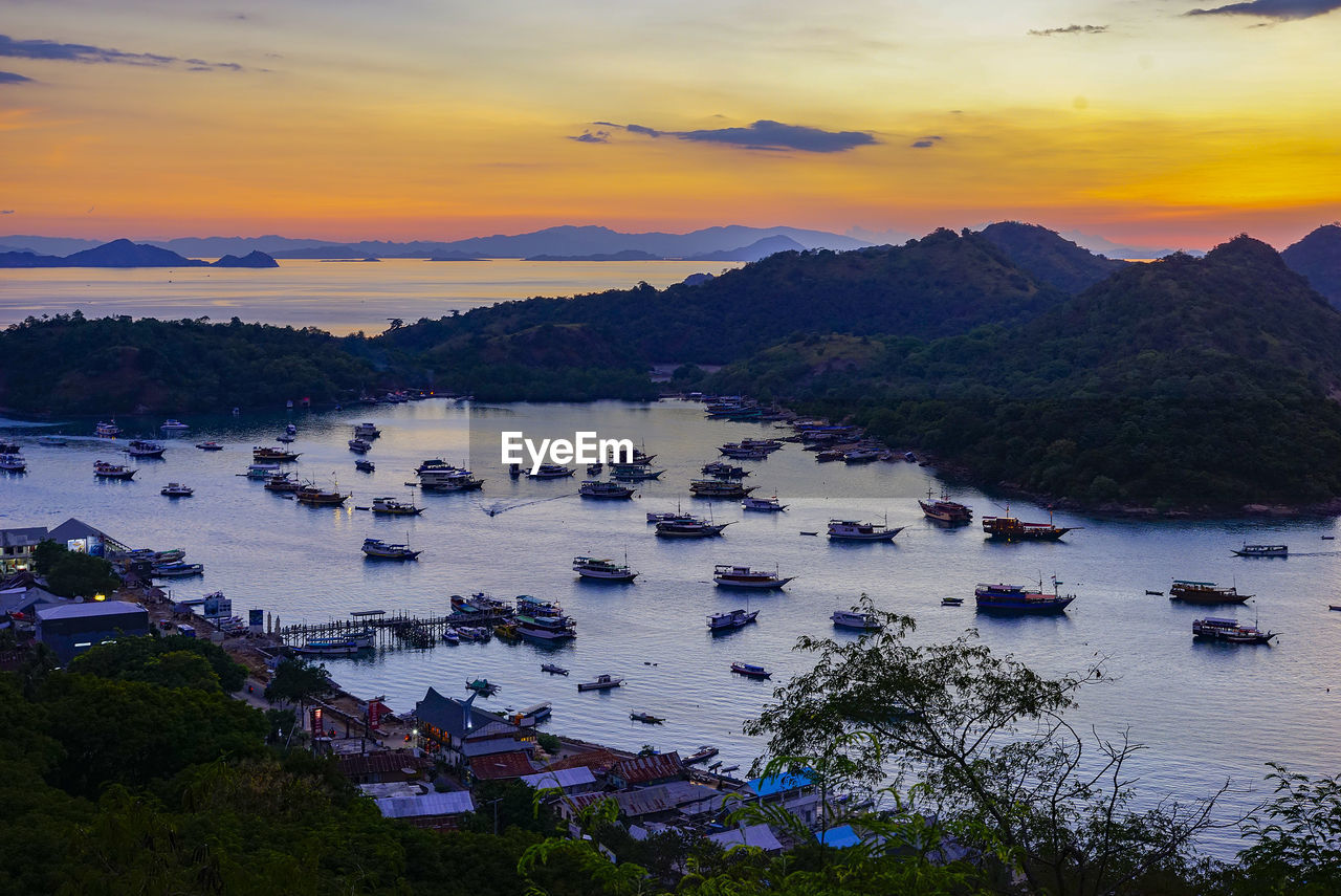 High angle view of sea against sky at sunset at labuan bajo, indonesia