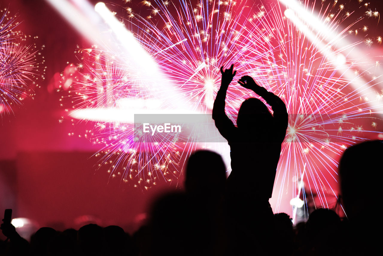 Silhouette people at music festival against firework at night