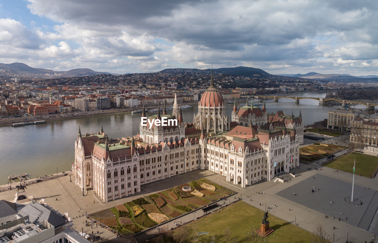 Budapest's majestic cityscape from a drone point of view featuring the hungarian parliament building