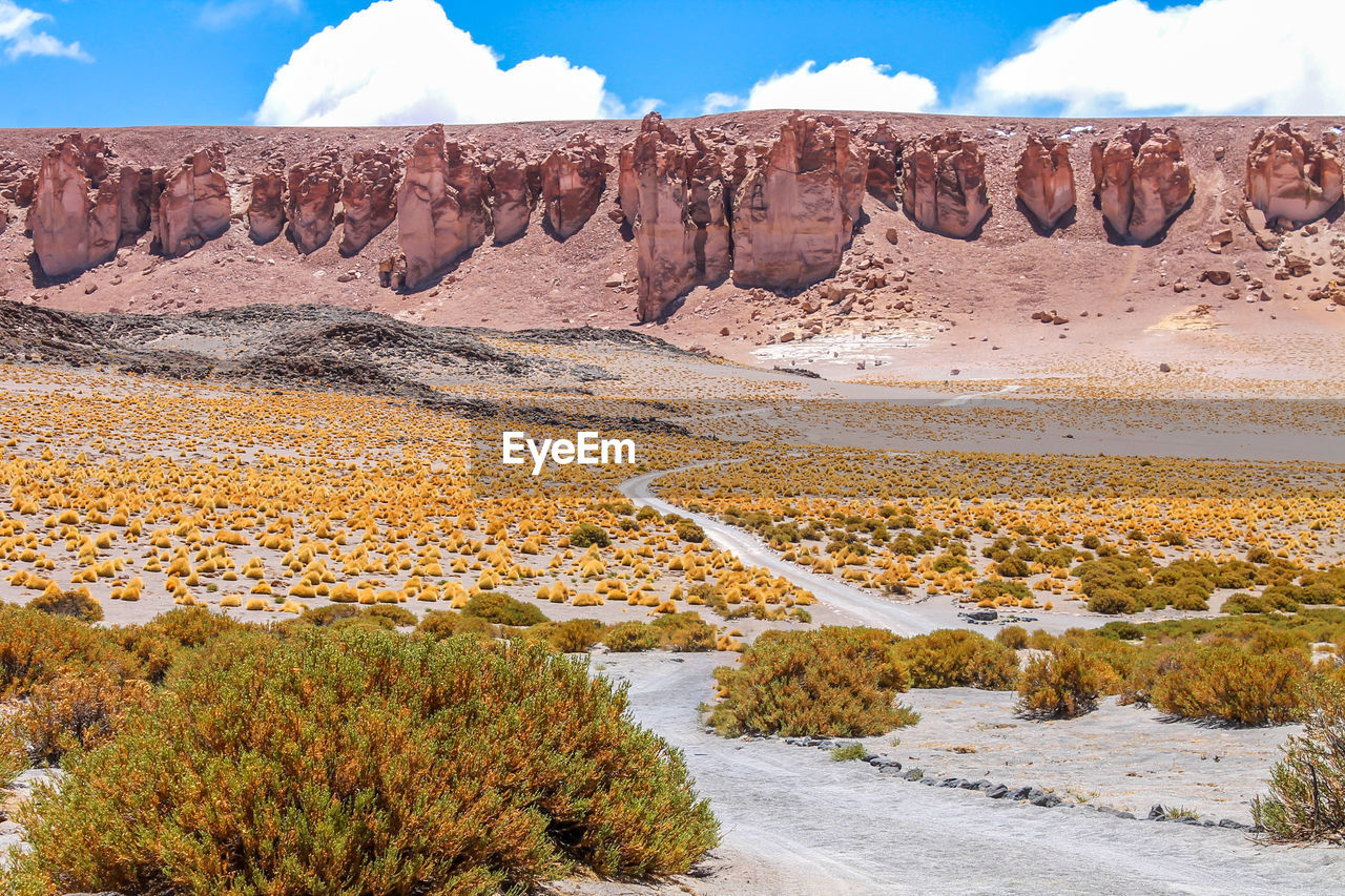 View of rocks on landscape against sky