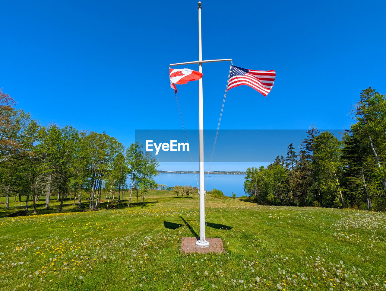 flag, sky, plant, patriotism, grass, nature, tree, blue, environment, pole, no people, clear sky, green, day, land, wind, sunny, outdoors, landscape, golf flag, sunlight, beauty in nature, scenics - nature, tranquility, non-urban scene, tranquil scene, field