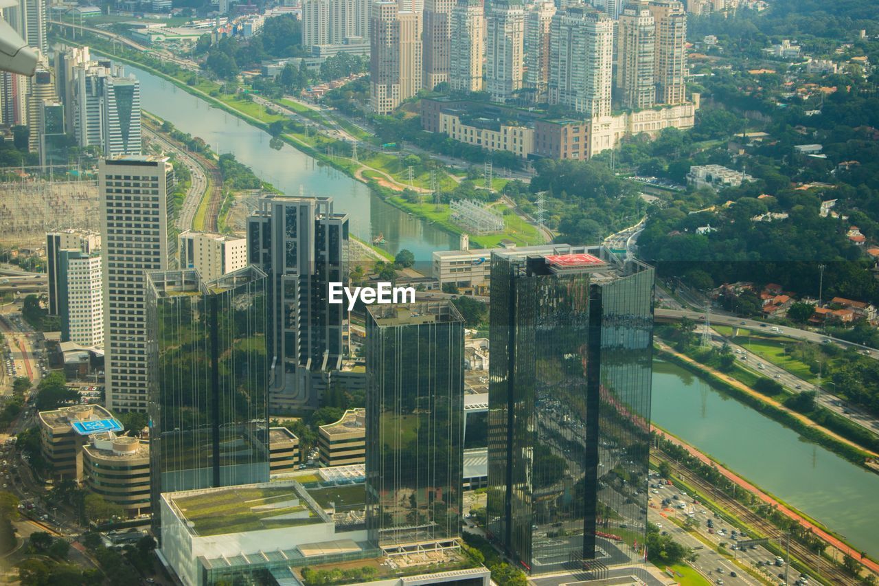 High angle view of buildings in city