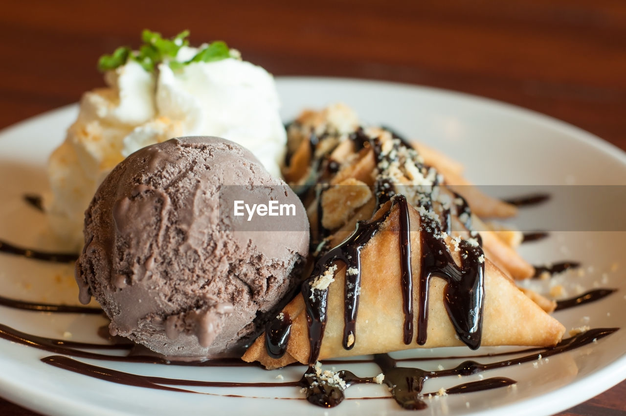 CLOSE-UP OF ICE CREAM SERVED IN PLATE WITH SPOON